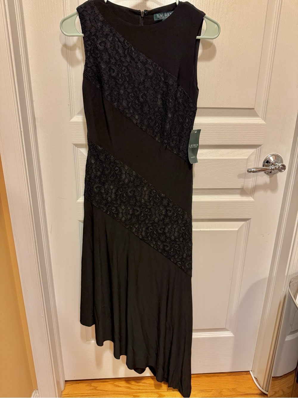 NWT Ralph Lauren Black Asymmetrical Lace-Panel Dress